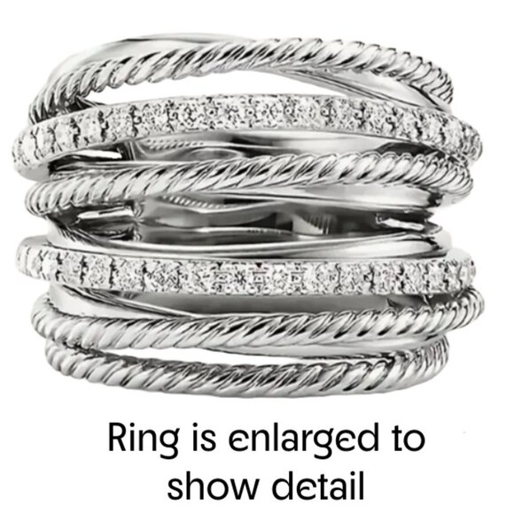 Platinum Plated & Cubic Zirconia Intertwined Crossover Chunky Statement Ring - Picture 1 of 4